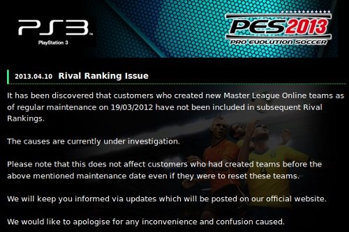 PES 2013: Problema detectado en el Ranking de Rivales de la Liga Master Online