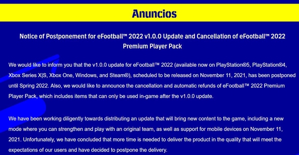 Konami retrasa el parche 1.0.0 de eFootball 2022 hasta la primavera del 2022