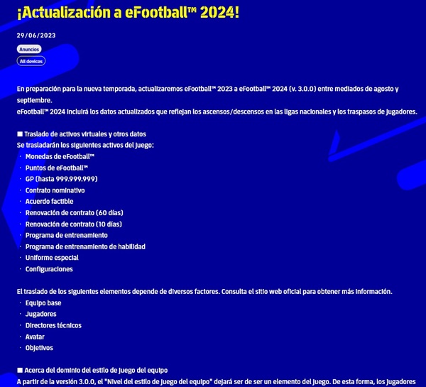eFootball se actualizará en agosto de cara a la temporada 2024