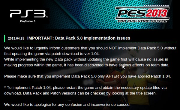 PES 2013: Problemas detectados con el Paquete de Datos 5.00