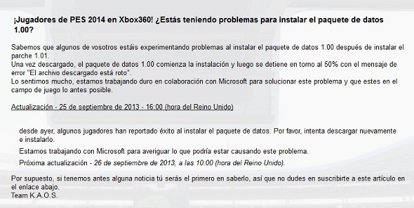 PES 2014: Problema instalacion DLC 1.00 en XBOX 360