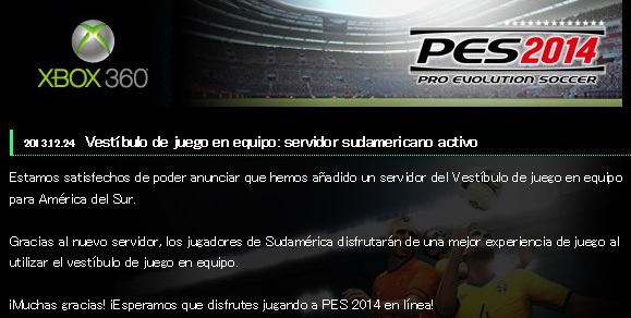 PES 2014: Activado servidor sudamericano para vestíbulo de juego en equipo para Xbox 360