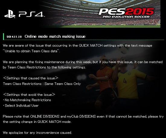 PES 2015: Nueva información sobre los problemas Online
