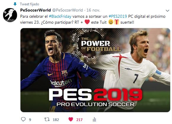 BlackFriday, resultado del sorteo de un PES 2019 a través de nuestro Twitter oficial